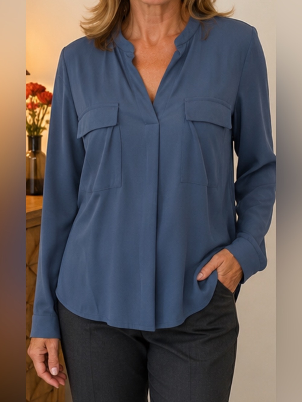 A New Day Blue Long Sleeve Blouse XL Split Neck Pocket Casual Work Top